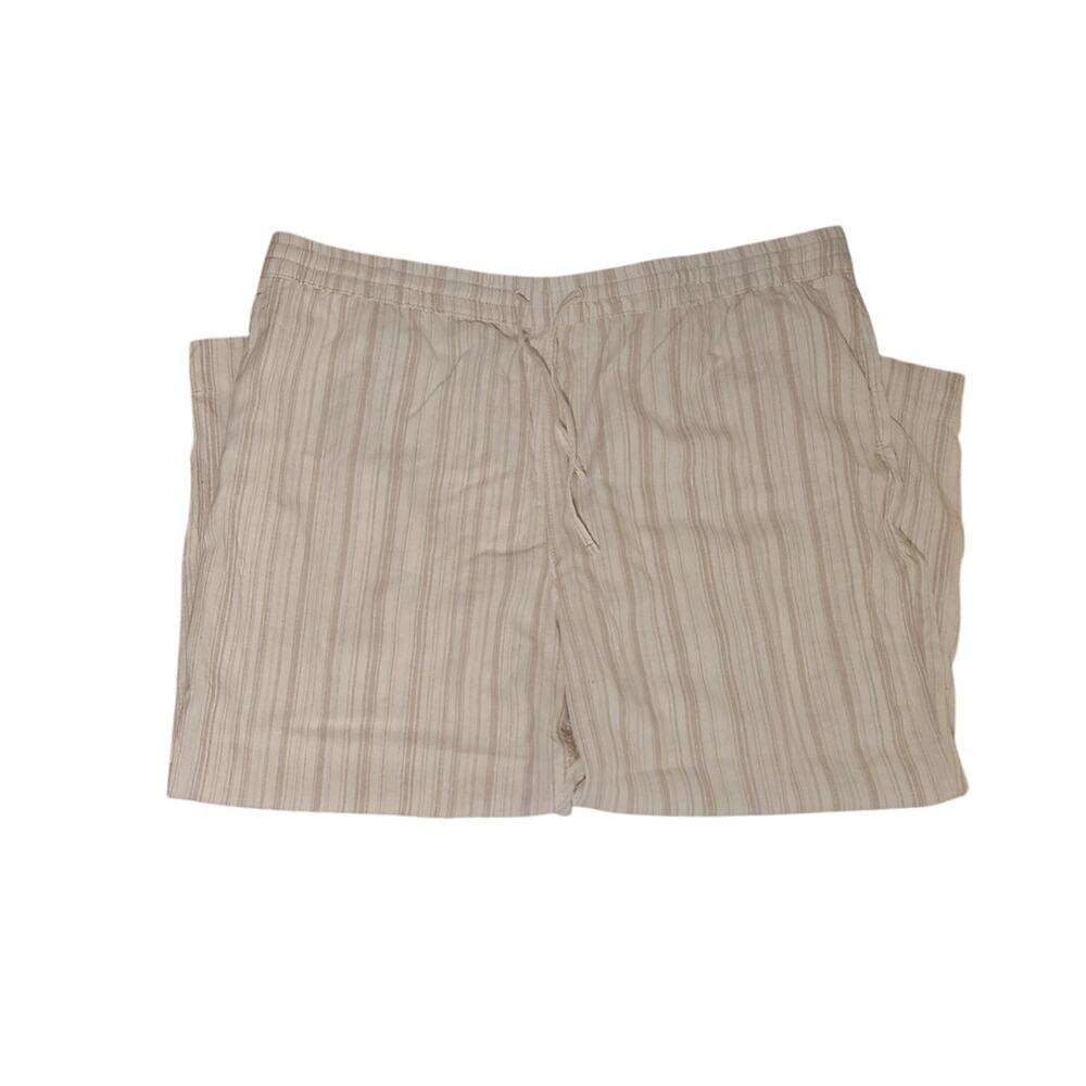 Cream Tan Stripe Linen Blend Elastic Waste Wide Leg Drawstring Crop - Size 3X